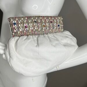 White leather clutch bag beaded and embellished top frame